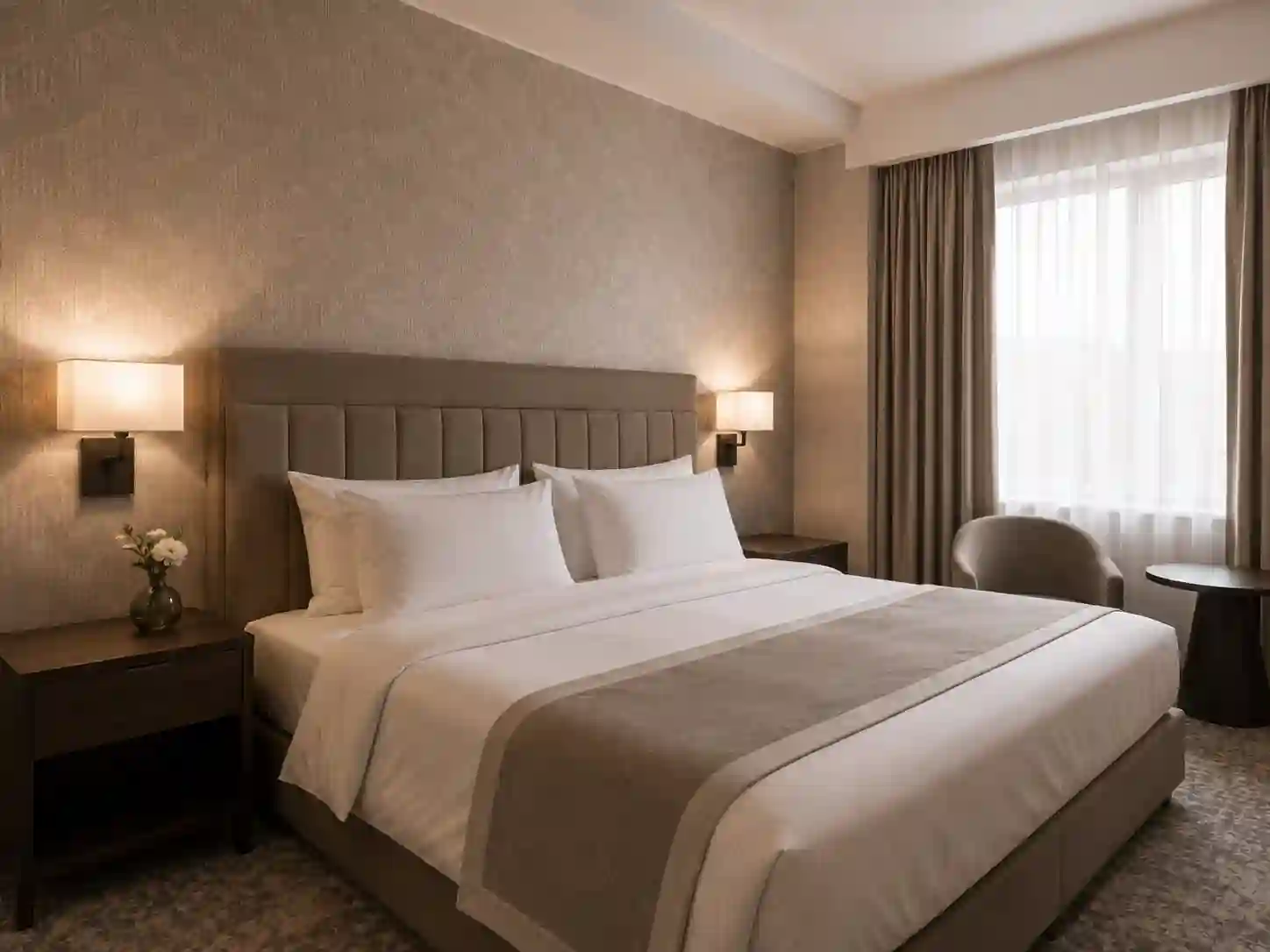 Dekoracyjna tapeta hotelowa na osłoniętej ścianie za łóżkiem.