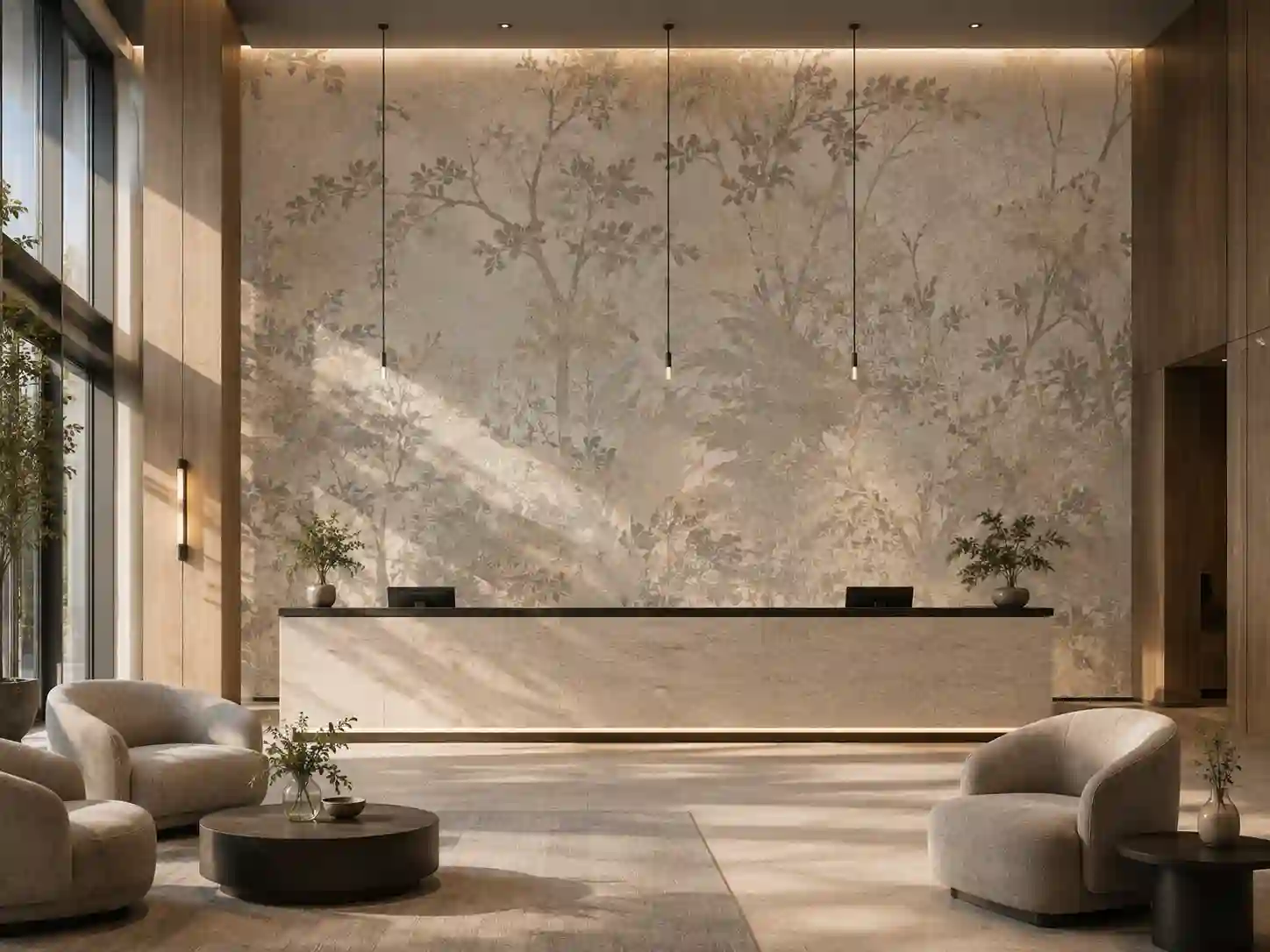 Duża dekoracyjna tapeta hotelowa na ścianie w lobby.
