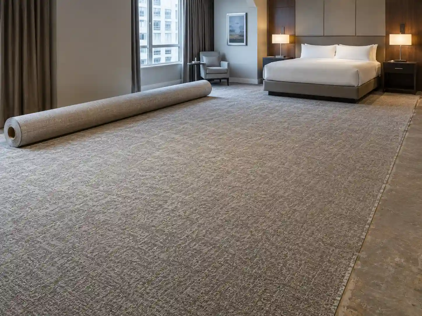 Wykładzina hotelowa w rolce rozwijana w pokoju hotelowym.