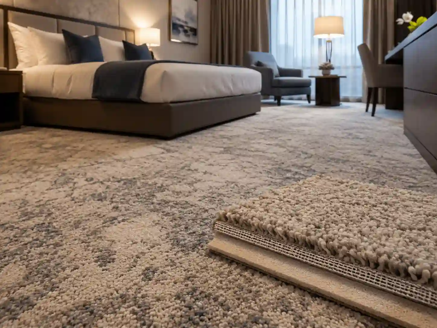 Wykładzina hotelowa tuftowana z wyraźnym runem i próbką przekroju materiału.