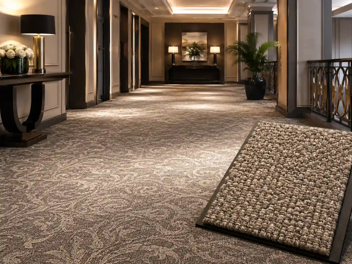 Tkana wykładzina hotelowa o gęstej luksusowej strukturze w reprezentacyjnym wnętrzu.