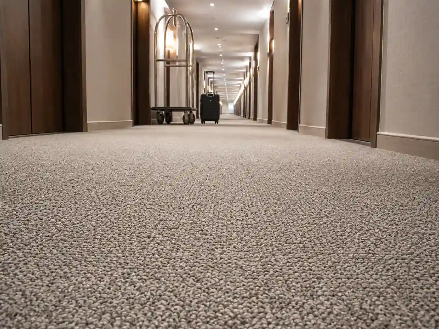 Niska wykładzina pętelkowa w intensywnie użytkowanym hotelowym korytarzu.