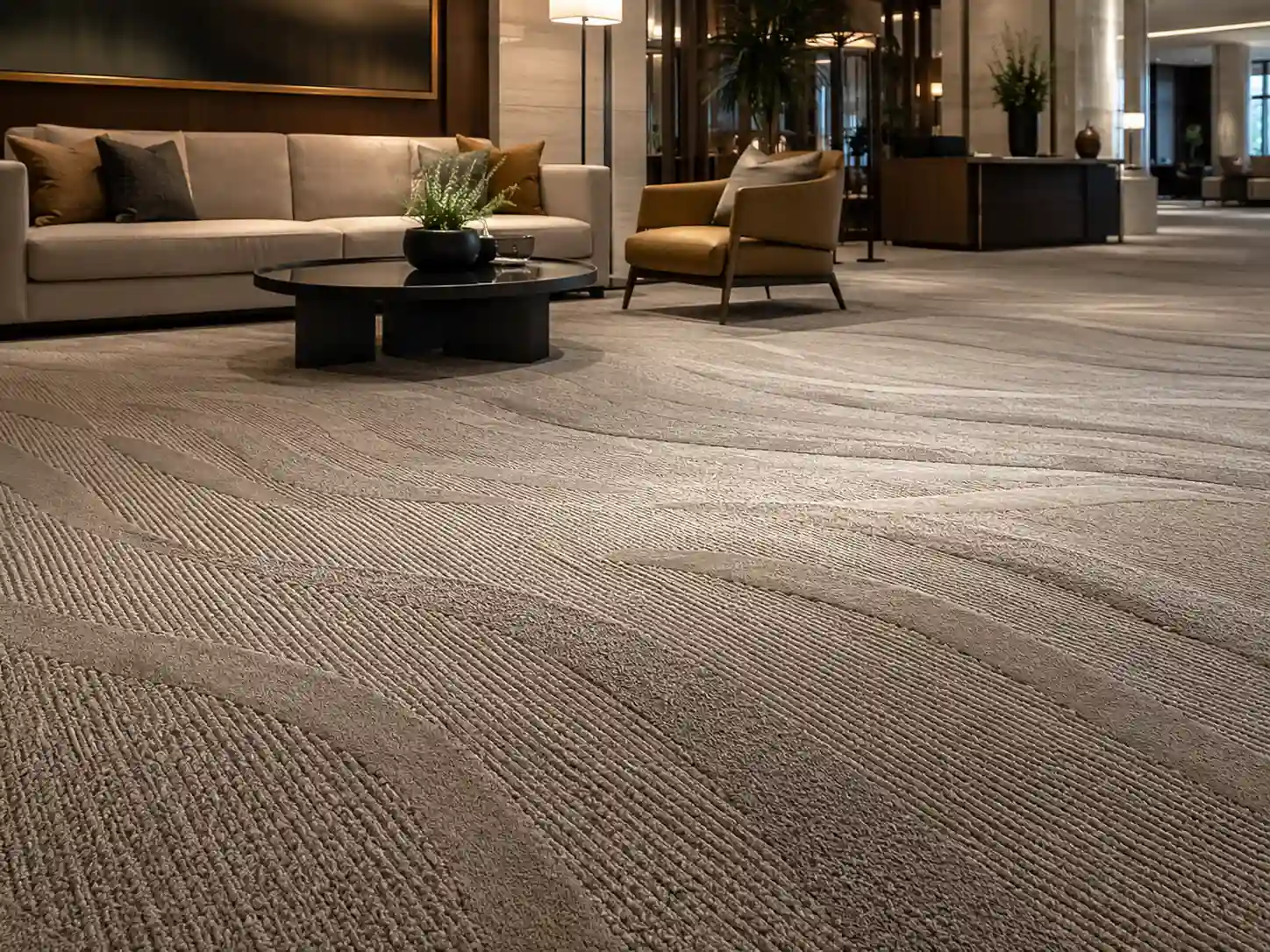 Wykładzina cięto-pętelkowa z reliefowym wzorem w hotelowym lobby.
