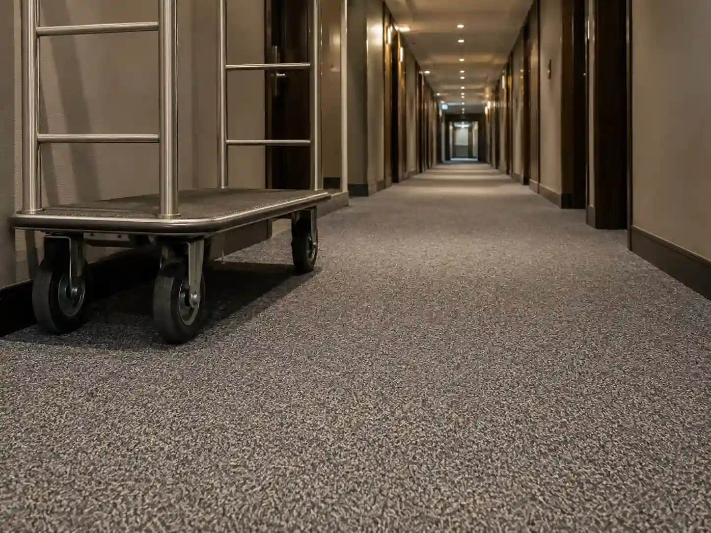 Sprężysta wykładzina poliamidowa w intensywnie użytkowanym hotelowym korytarzu.