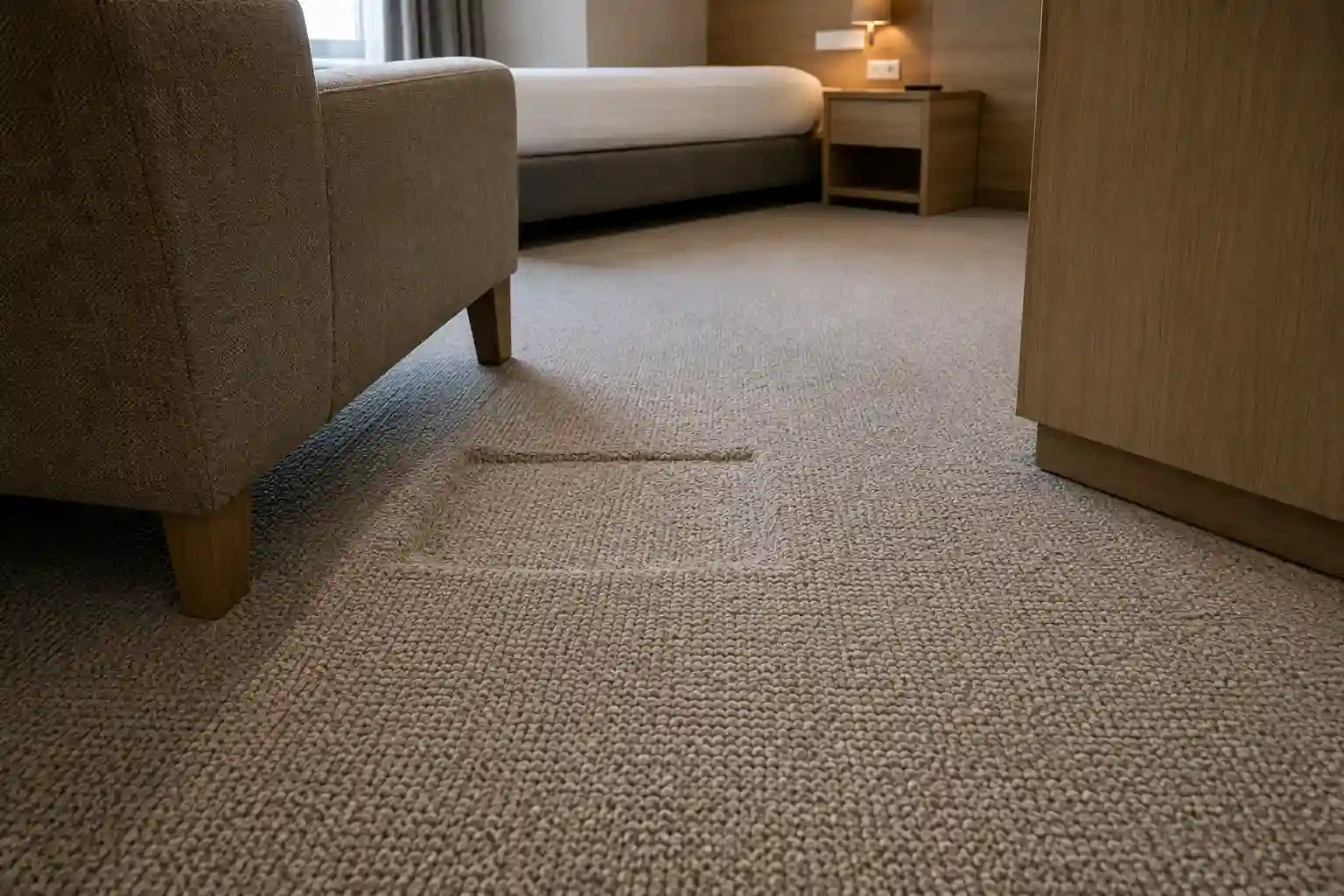 Polipropylenowa wykładzina w ekonomicznym pokoju hotelowym z widocznym śladem nacisku mebla.