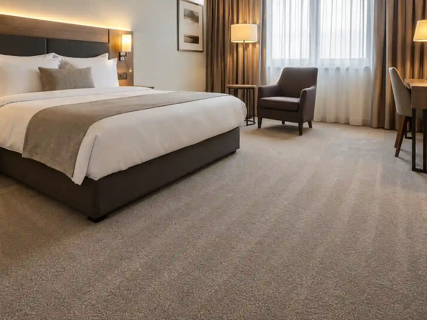 Wykładzina o średniej wysokości runa w standardowym pokoju hotelowym.