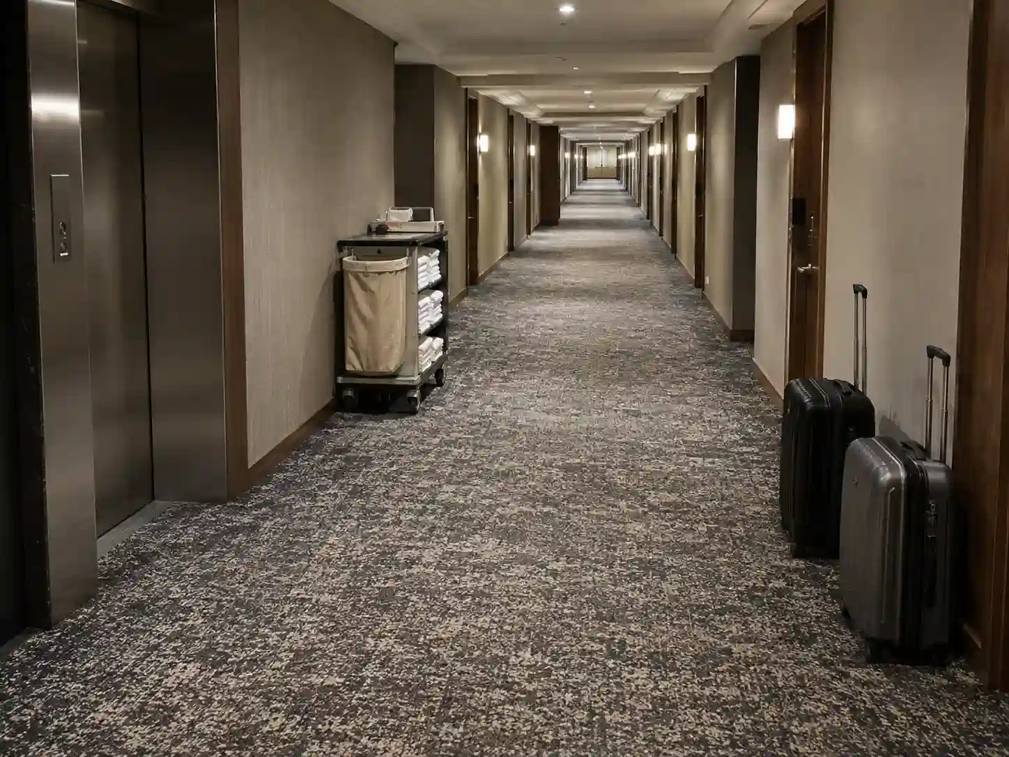 Wykładzina klasy 33 w intensywnie użytkowanym hotelowym korytarzu.
