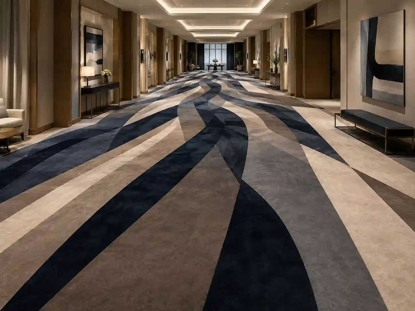 Duży kierunkowy wzór wykładziny w reprezentacyjnym hotelowym korytarzu.