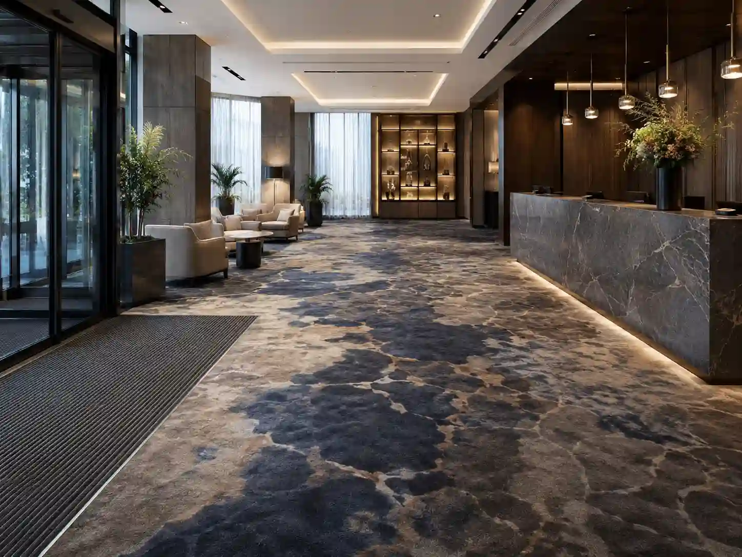 Wzorzysta wykładzina klasy 33 w hotelowym lobby i recepcji.